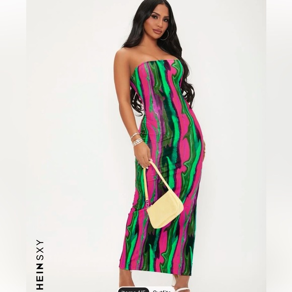 shein pink and green dress SHEIN BAE Spring/Summer Solid Green & Pink Floral Print Deep Draped Neck  High Slit Sheer Dress, Beach Vacation Dress, Sexy & Elegant Dress